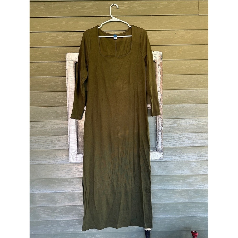 Old‎ Navy Womens XL Olive Green Ribbed Knit Long Sleeve Square Neck Maxi Dress